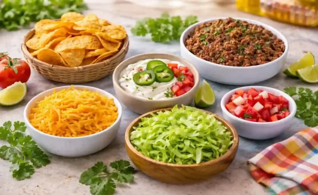 Walking taco ingredients including Doritos, ground beef, cheese, lettuce, and tomatoes