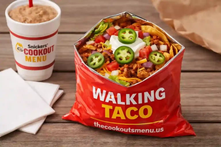 Cookout walking taco with Doritos, seasoned beef, cheese, and fresh toppings